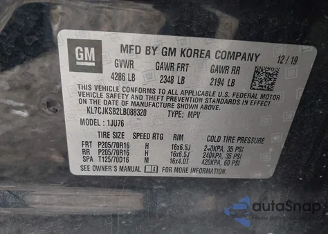 2020 Chevrolet Trax Fwd Ls z USA, uszkodzony, nr VIN KL7CJKSB2LB088320